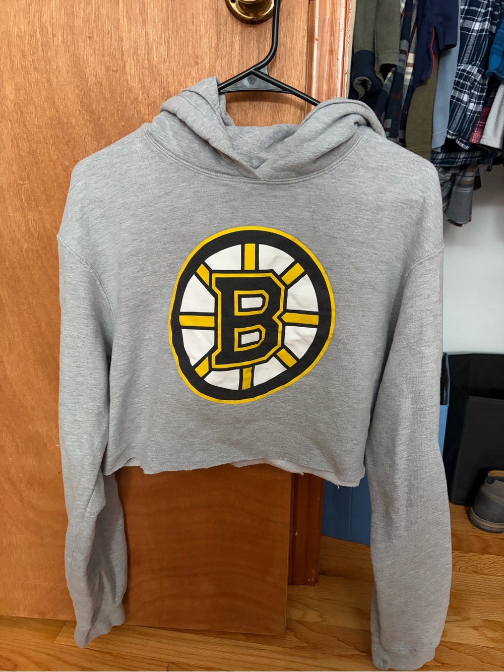Gray Cropped Hoodie with Yellow & Black Boston 'B' Logo